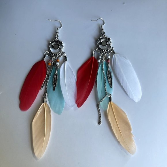 *50% OFF! Bohemian feather dangle earrings silver coral beaded feathers - Picture 2 of 3